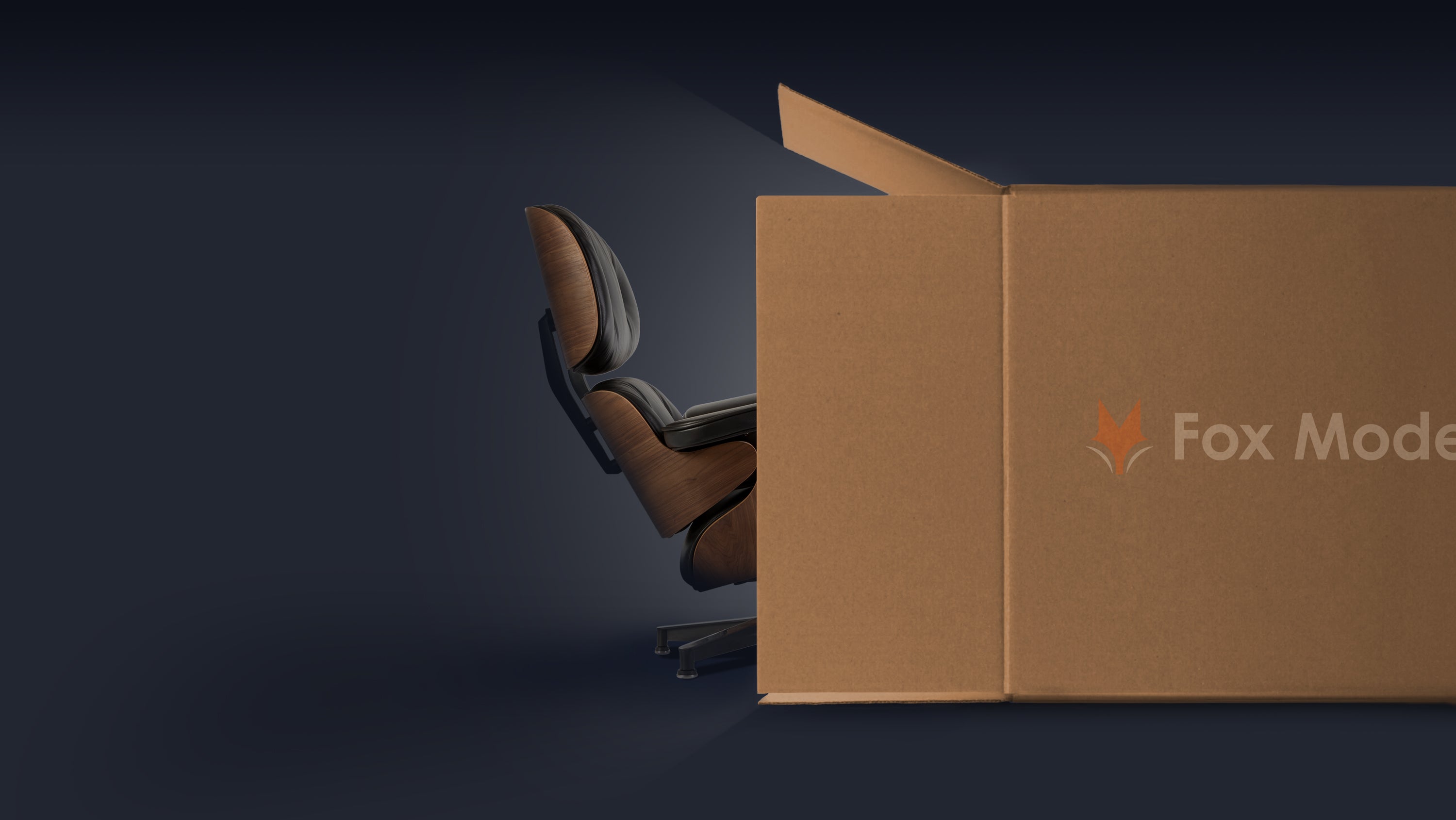 An image displaying a black Eames Lounge Chair half inside a Fox Modern branded cardboard box