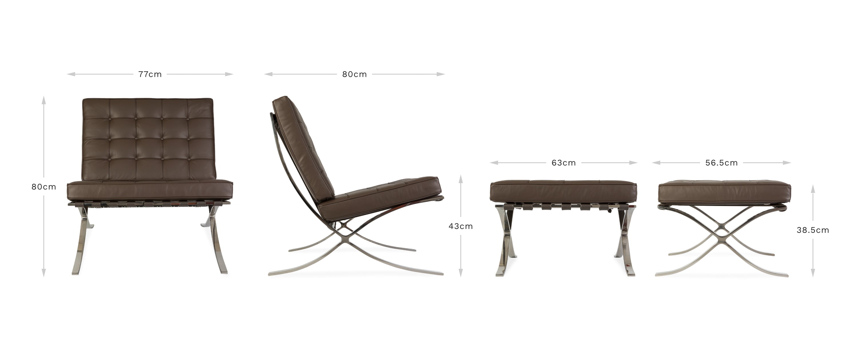 View of front and side of the brown leather Barcelona Pavilion chair and ottoman on a white background displaying the dimensions