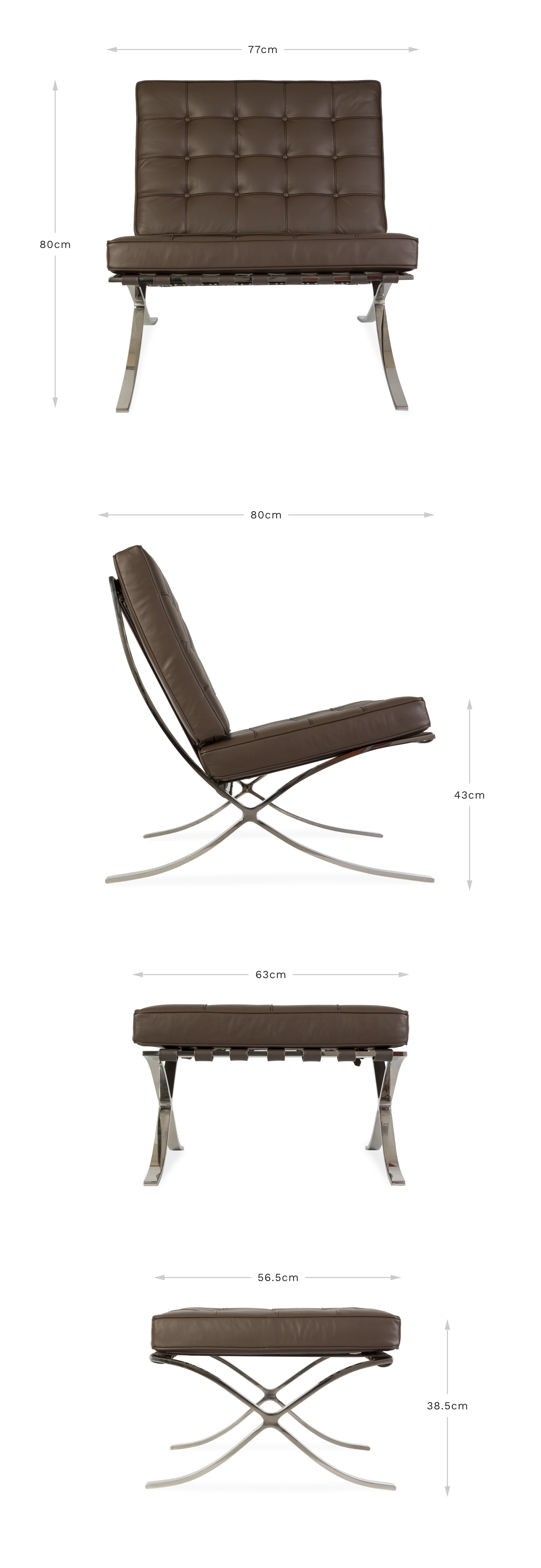 View of front and side of the brown leather Barcelona Pavilion chair and ottoman on a white background displaying the dimensions