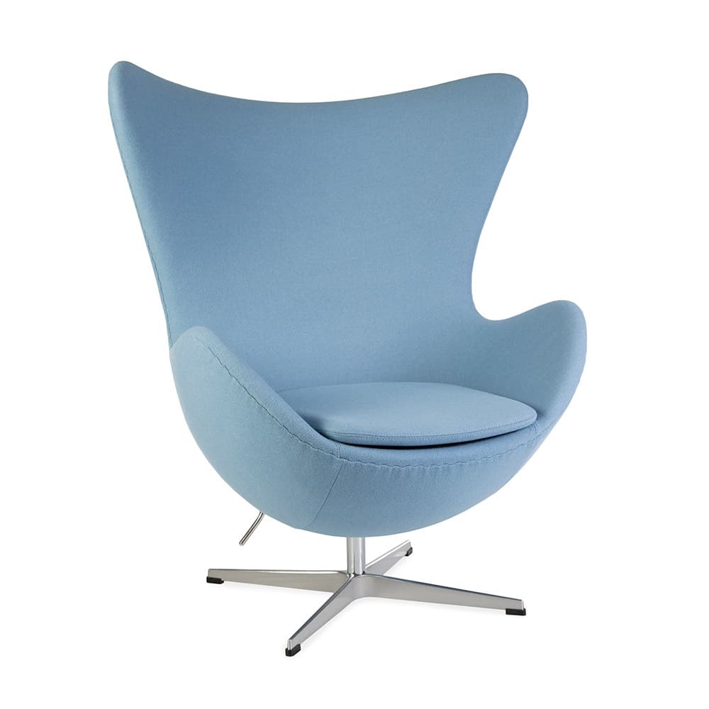 Front angled view of blue fabric Jacobsen Egg Chair on a white background