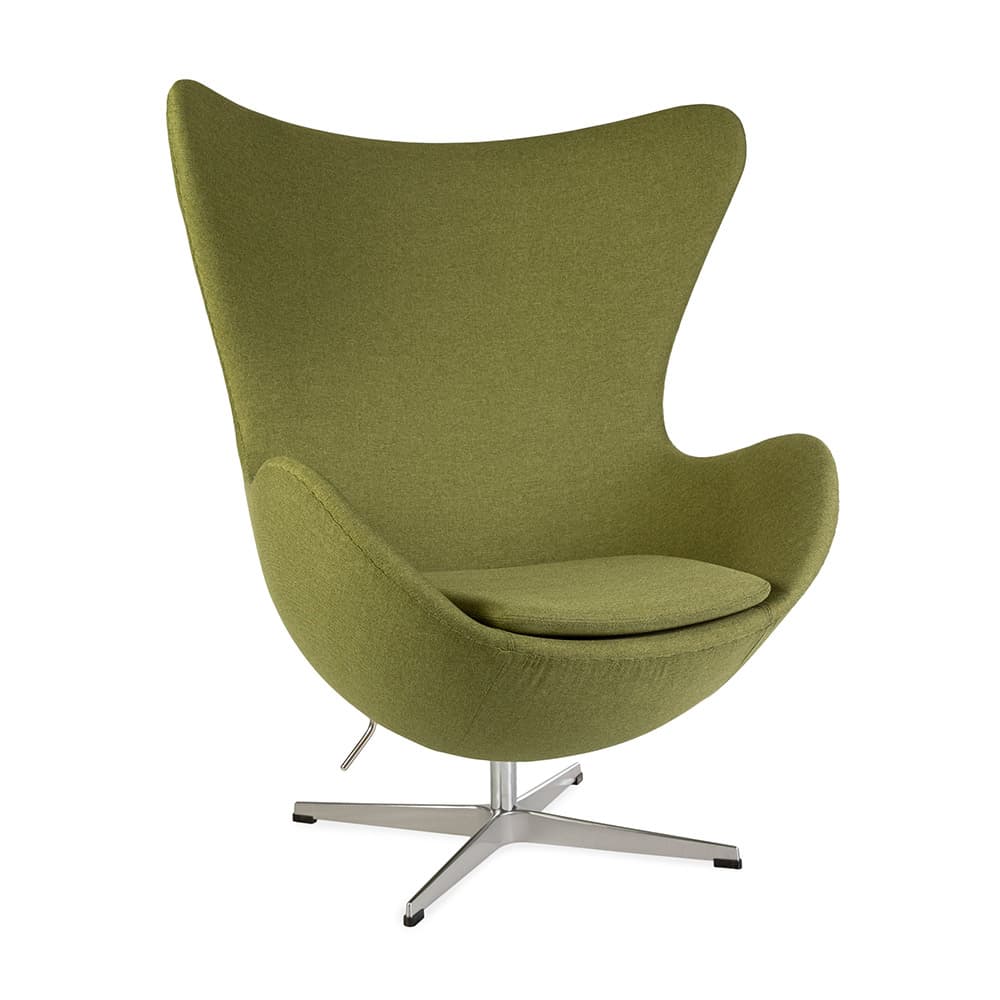 Front angled view of green fabric Jacobsen Egg Chair on a white background