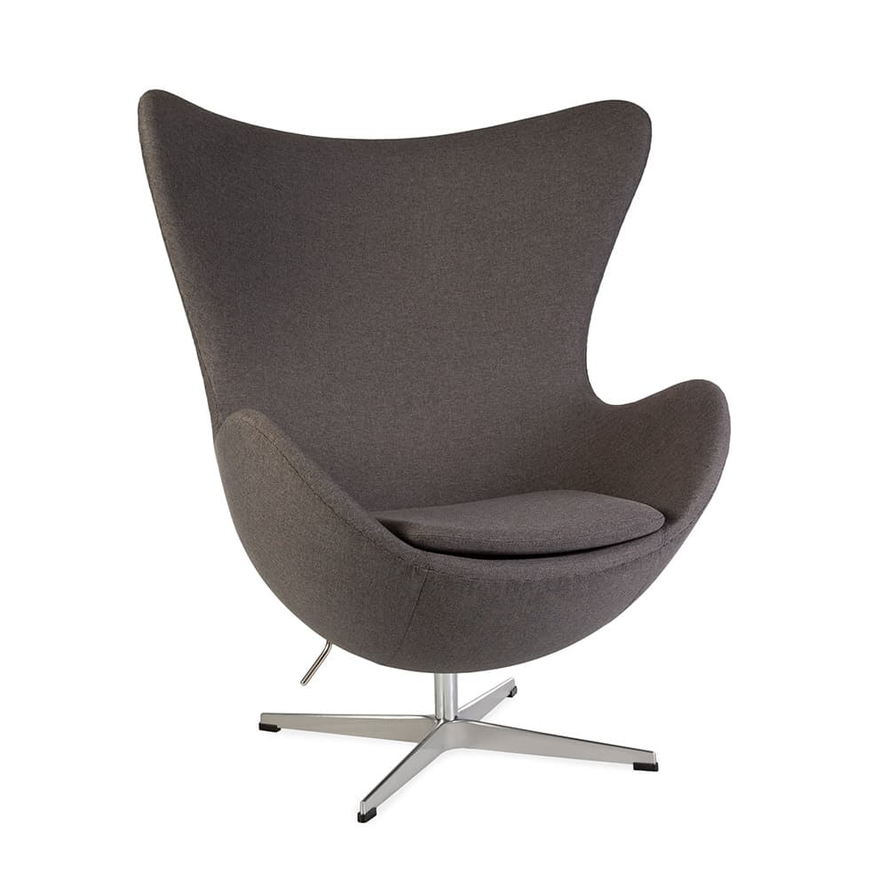 Front angled view of blue fabric Jacobsen Egg Chair on a white background