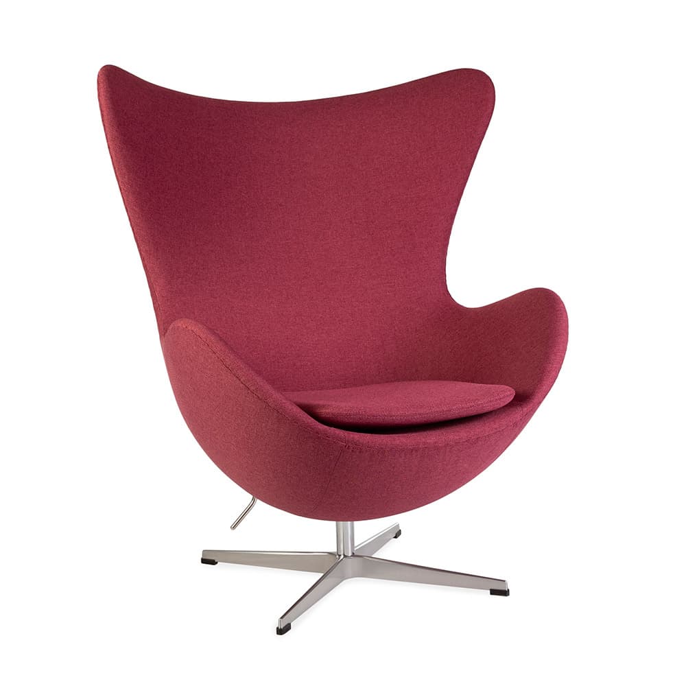 Front angled view of pink fabric Jacobsen Egg Chair on a white background