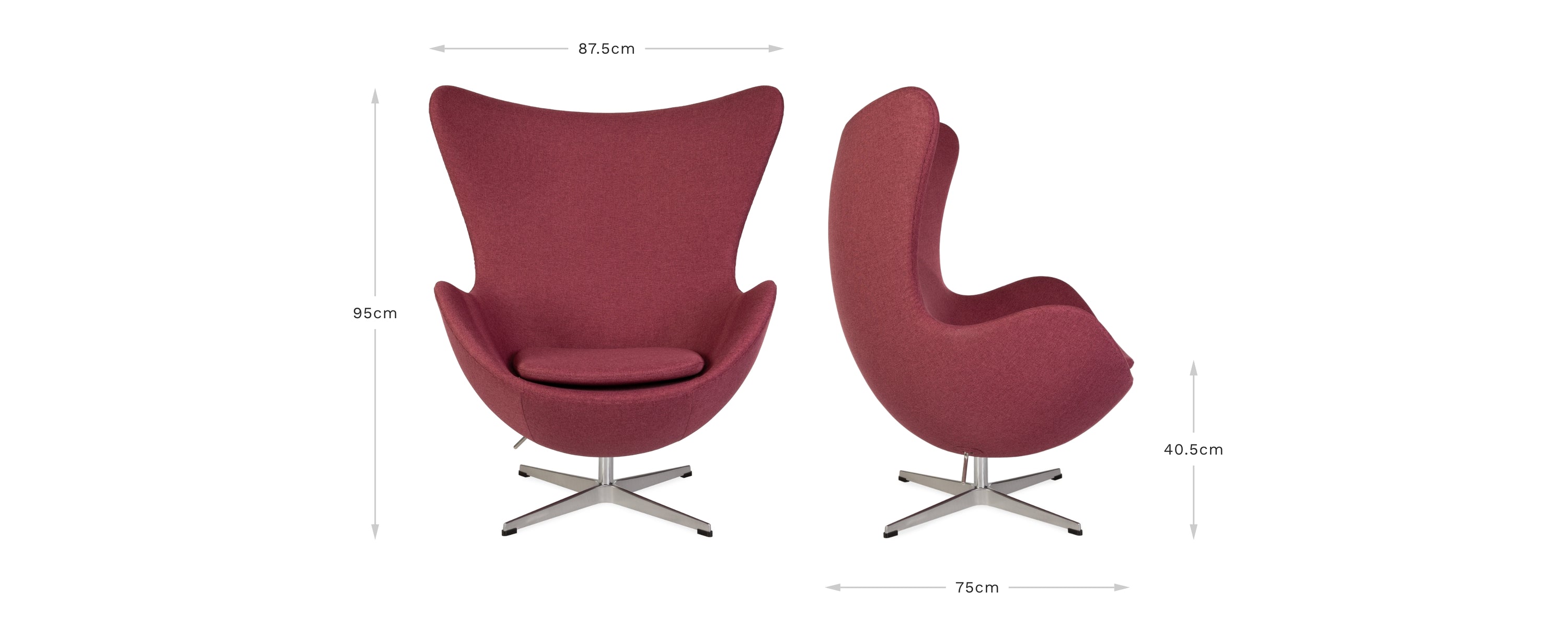 View of front and side of the pink fabric Jacobsen Egg Chair on a white background displaying the dimensions