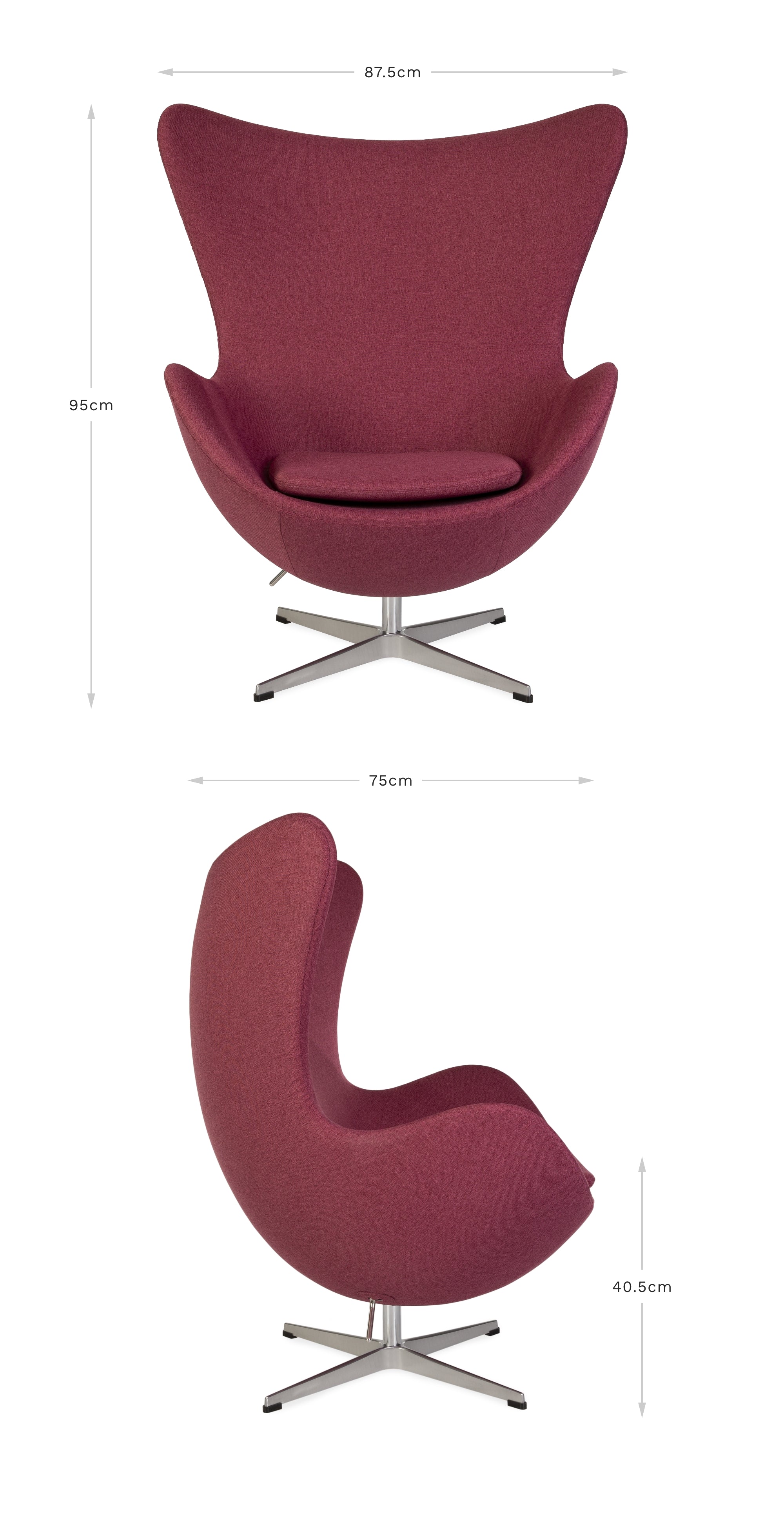View of front and side of the pink fabric Jacobsen Egg Chair on a white background displaying the dimensions