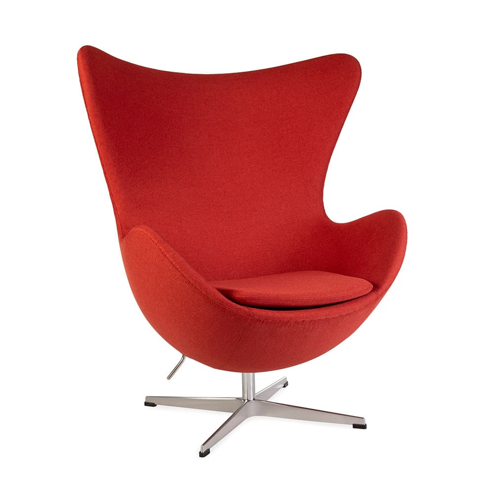 Front angled view of red fabric Jacobsen Egg Chair on a white background