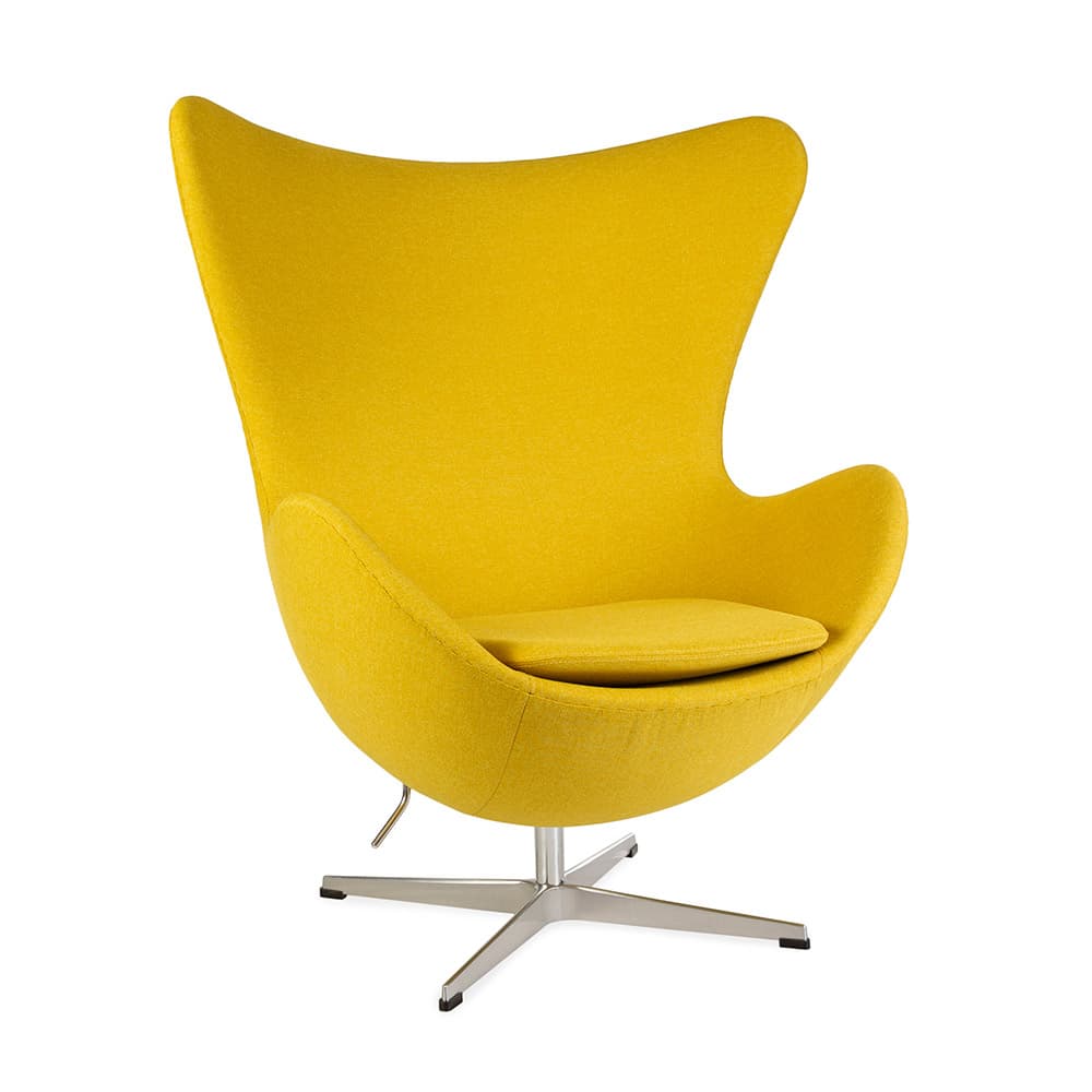 Front angled view of yellow fabric Jacobsen Egg Chair on a white background