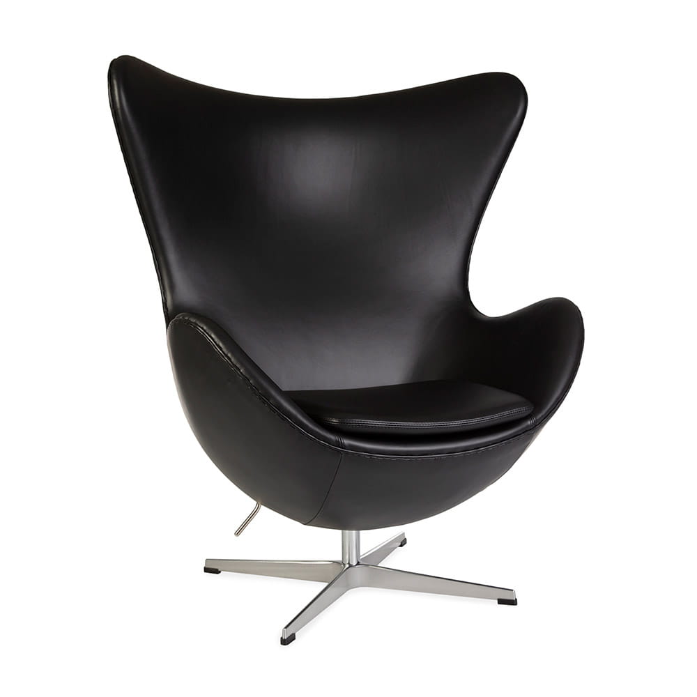 Front angled view of black leather Jacobsen Egg Chair on a white background