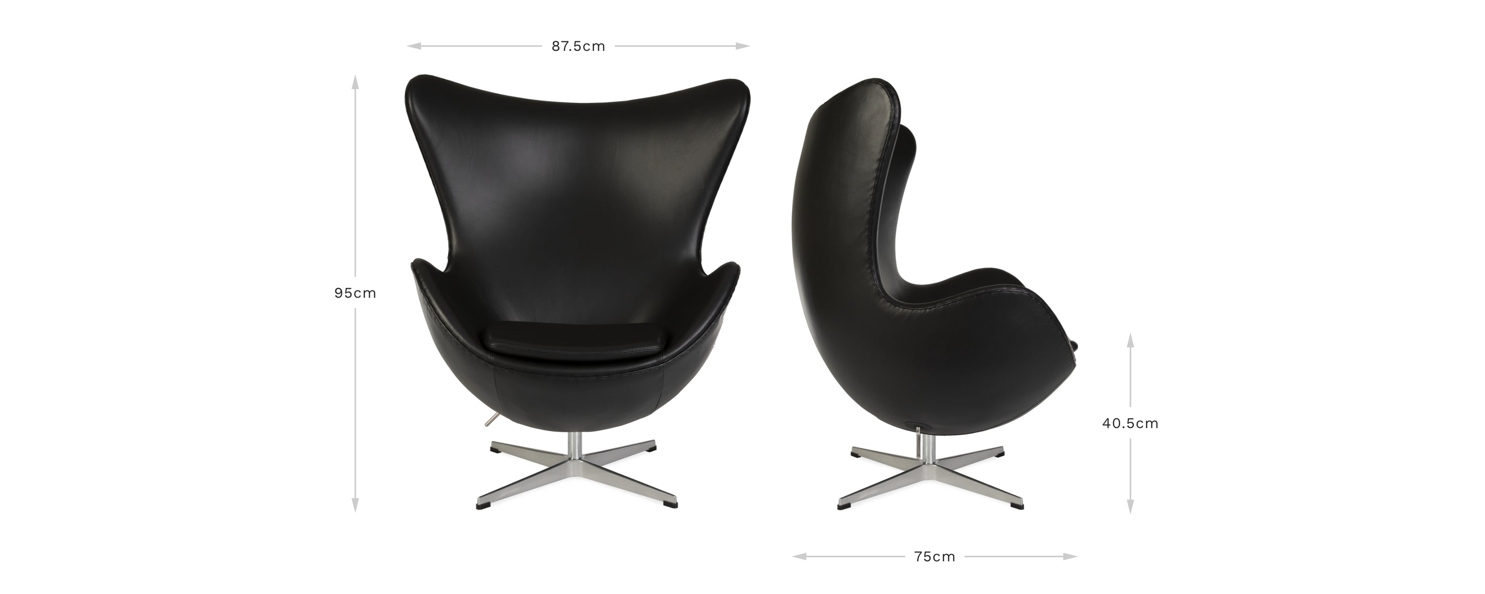 View of front and side of the black leather Jacobsen Egg Chair on a white background displaying the dimensions