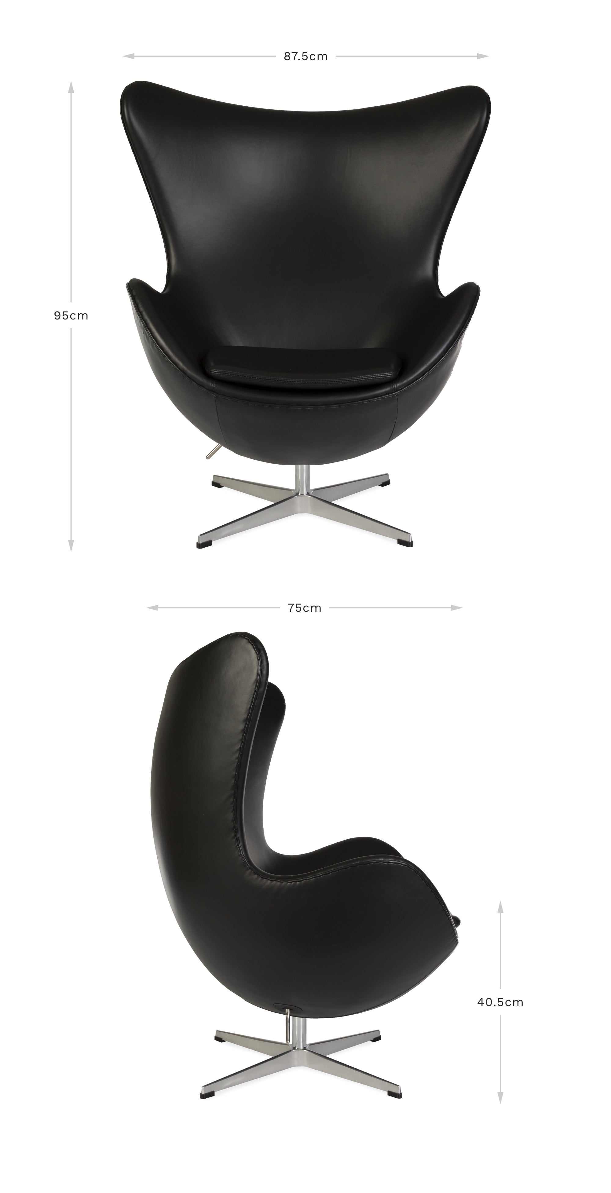 View of front and side of the black leather Jacobsen Egg Chair on a white background displaying the dimensions