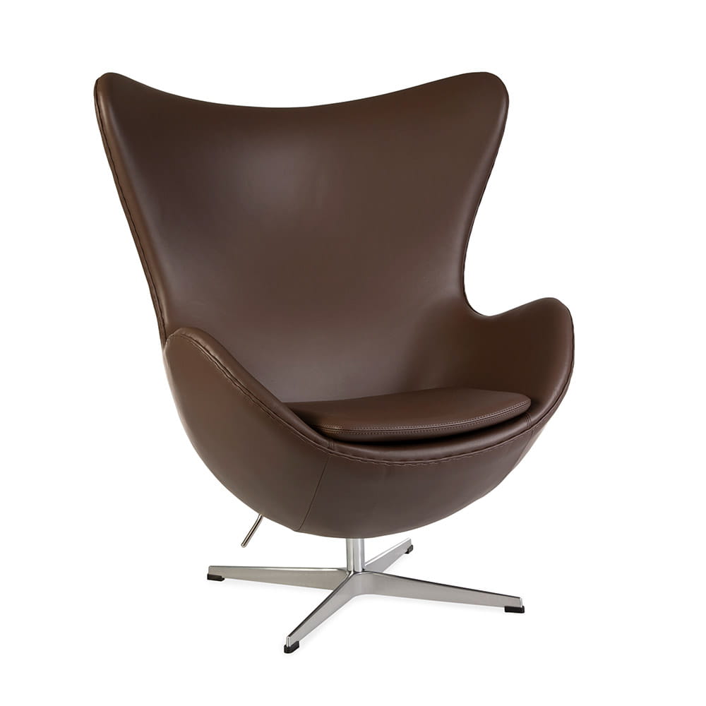 Front angled view of brown leather Jacobsen Egg Chair on a white background
