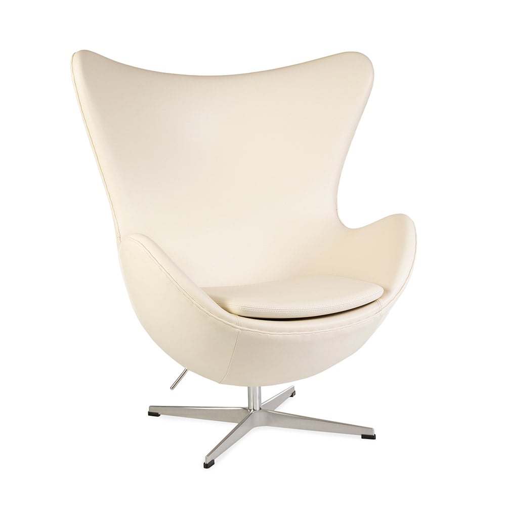Front angled view of white leather Jacobsen Egg Chair on a white background