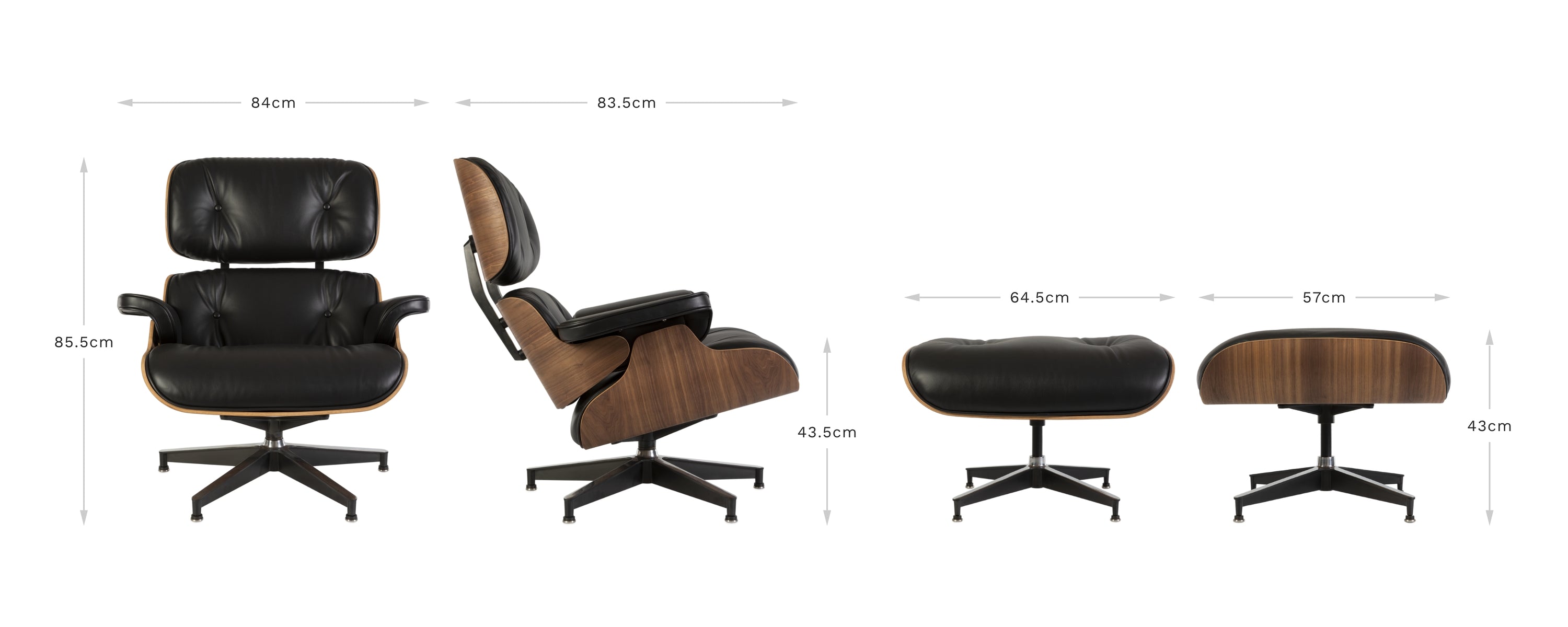 View of front and side of the black and walnut Eames Lounge Chair and Ottoman on a white background displaying the dimensions