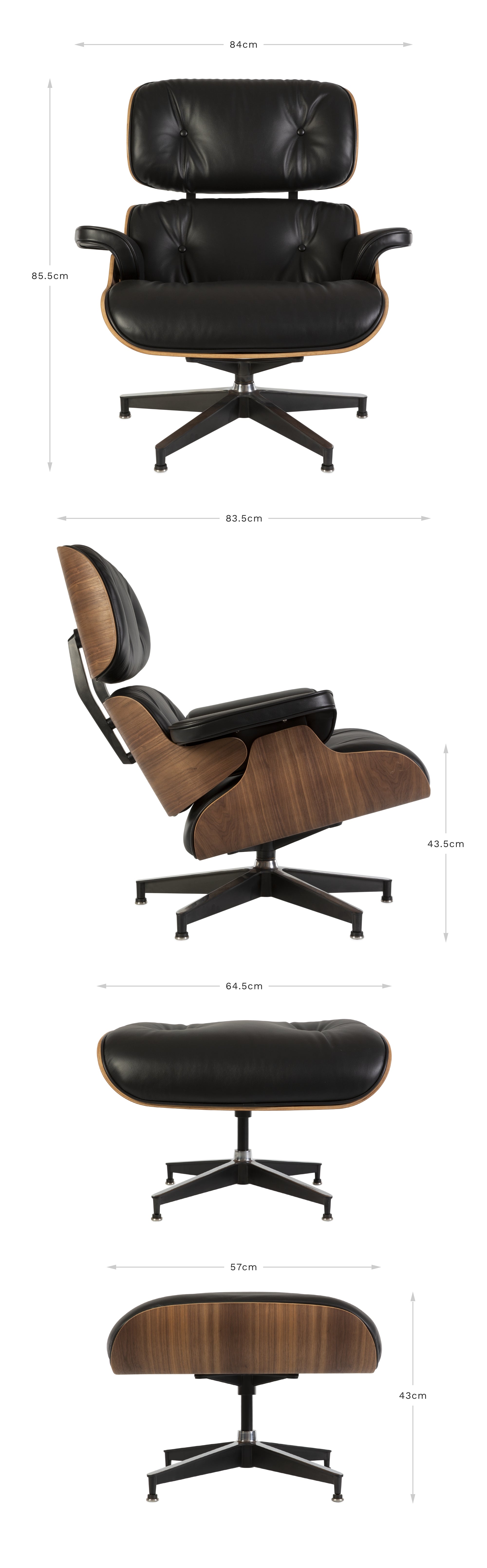 View of front and side of the black and walnut Eames Lounge Chair and Ottoman on a white background displaying the dimensions