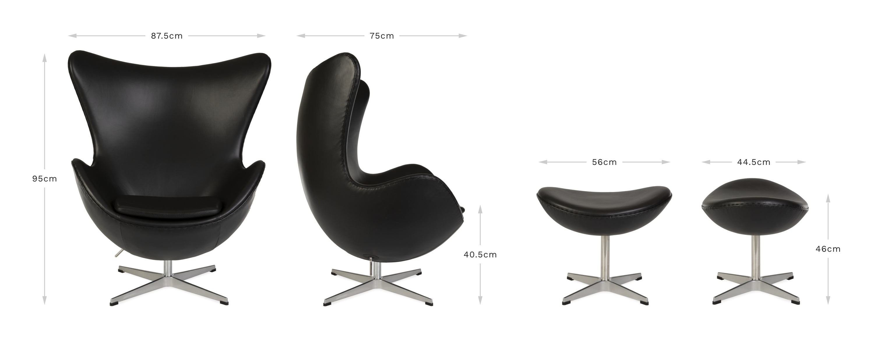 View of front and side of the black leather Jacobsen Egg Chair and ottoman on a white background displaying the dimensions