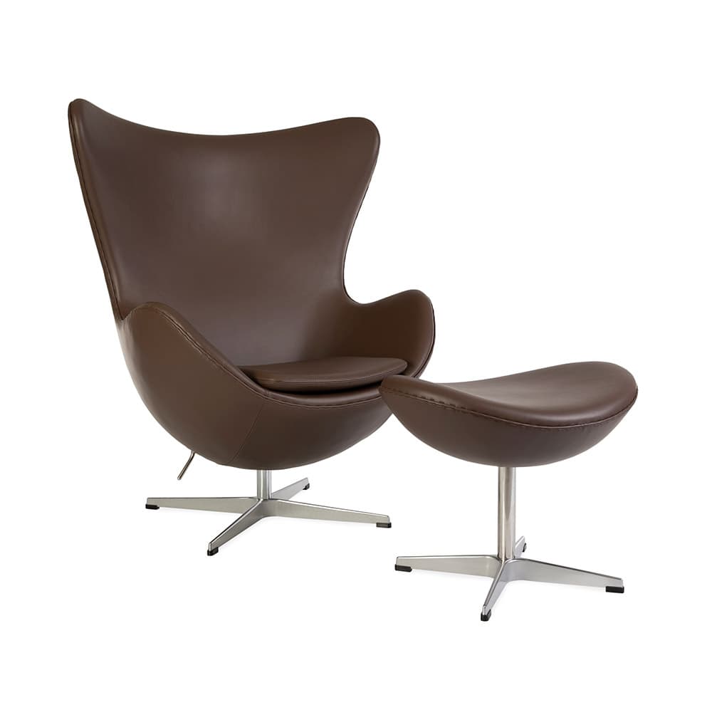 Angled front view of the brown leather Jacobsen Egg Chair & Ottoman Set on a white background