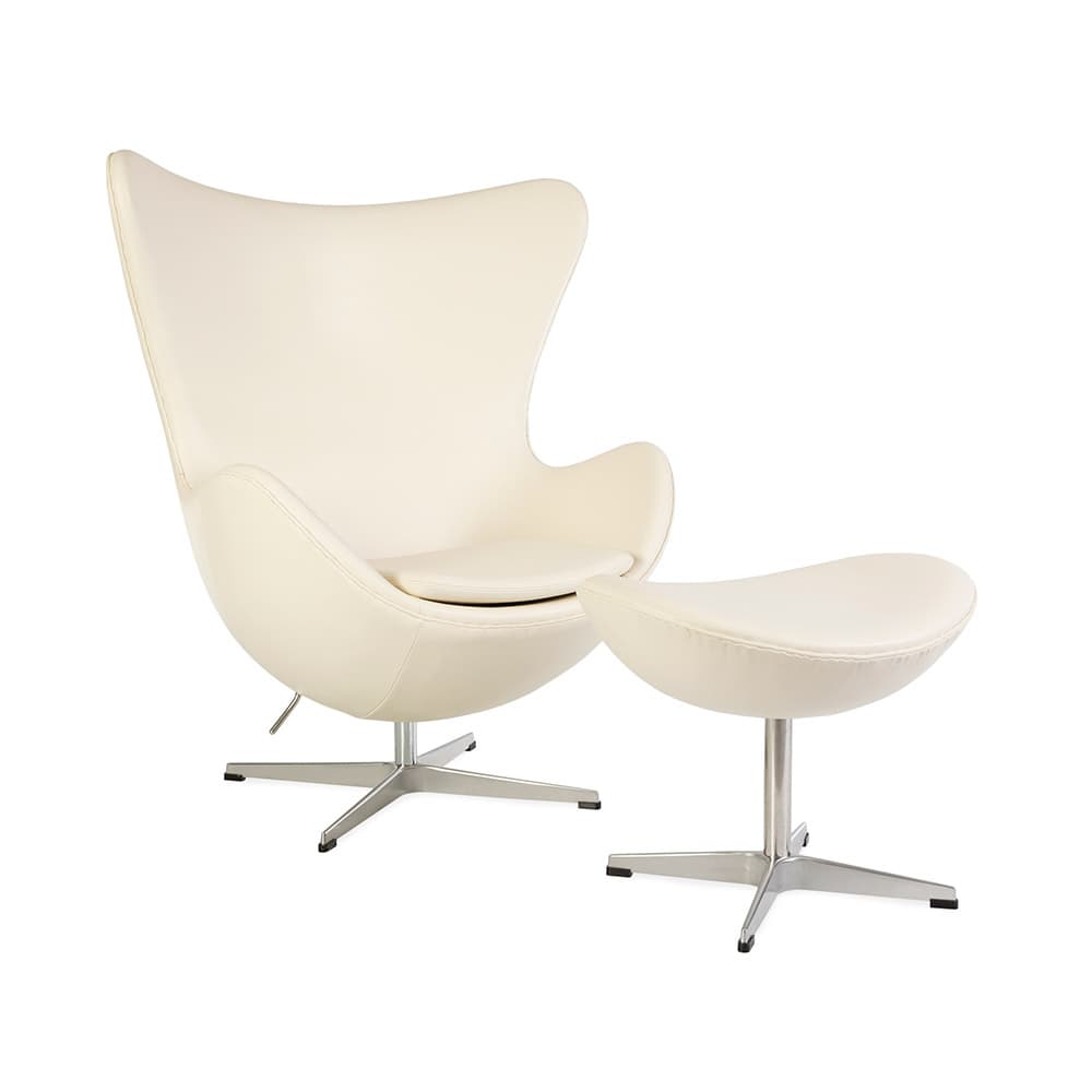 Angled front view of the white leather Jacobsen Egg Chair & Ottoman Set on a white background