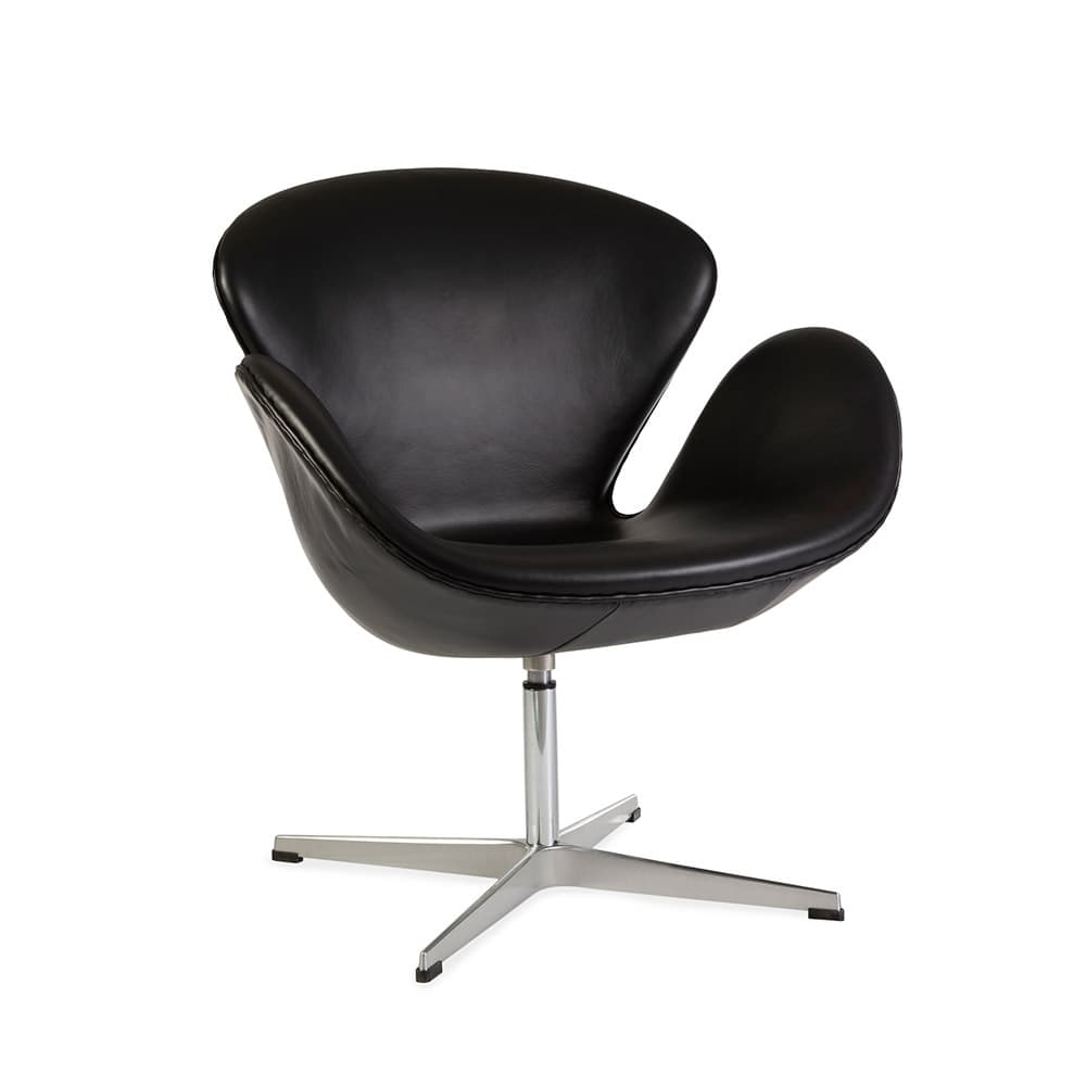 Front angled view of the black leather Jacobsen Swan Chair on a white background