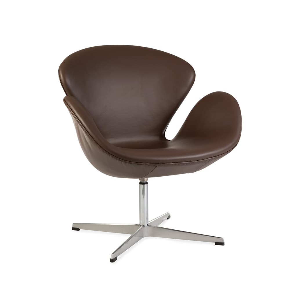 Front angled view of the brown leather Jacobsen Swan Chair on a white background