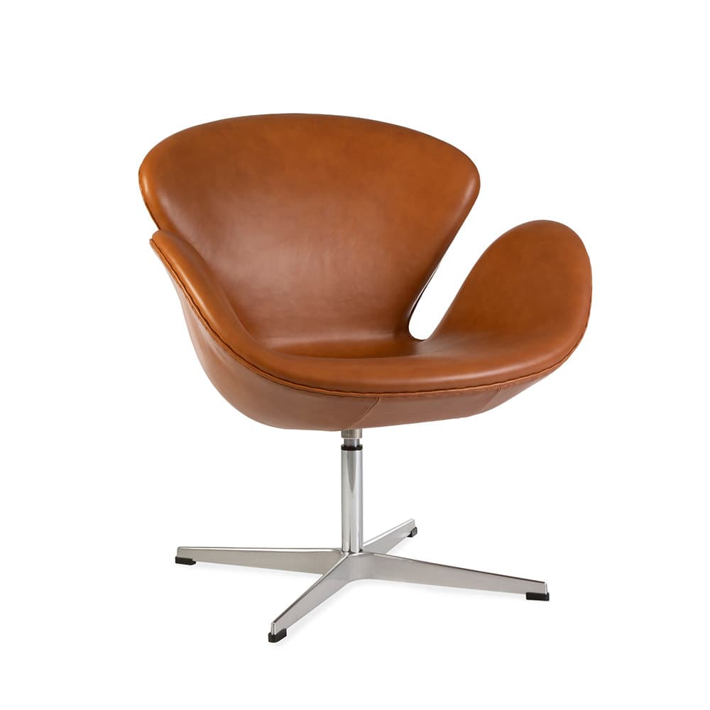 Front angled view of the tan leather Jacobsen Swan Chair on a white background
