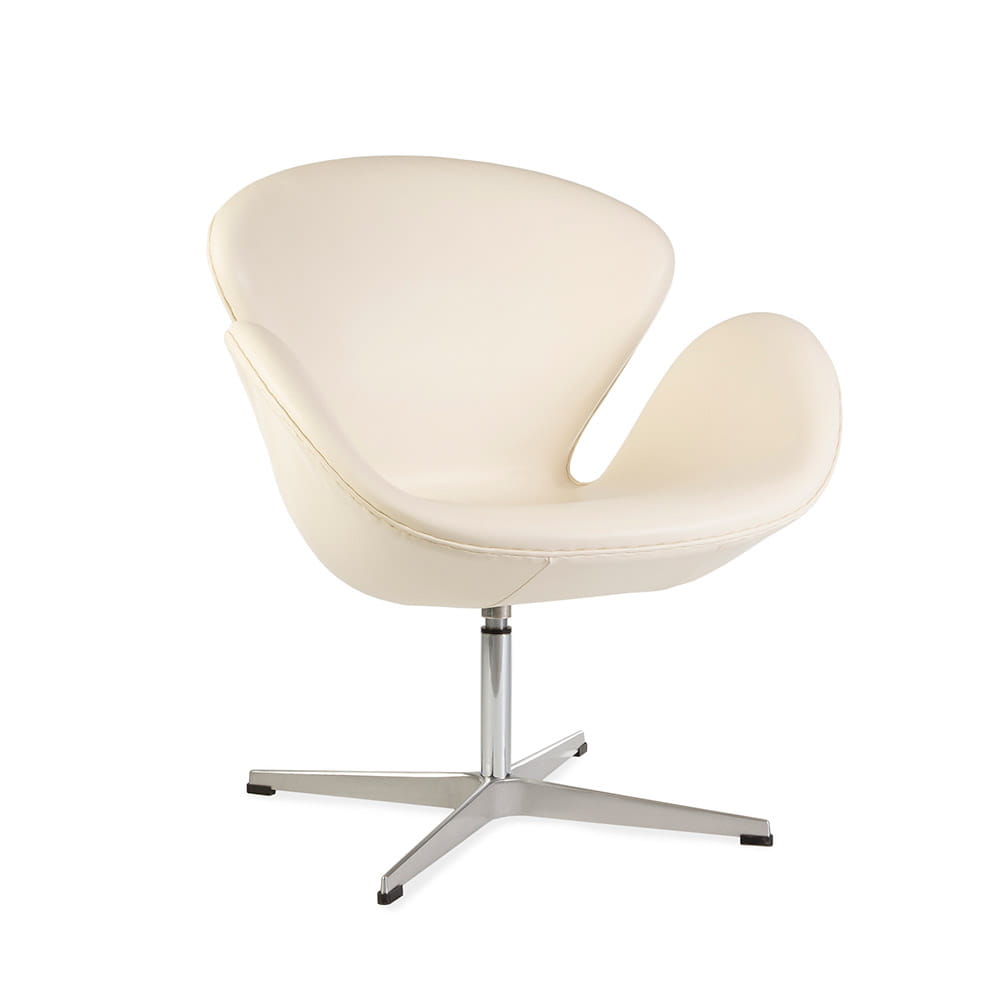 Front angled view of the white leather Jacobsen Swan Chair on a white background