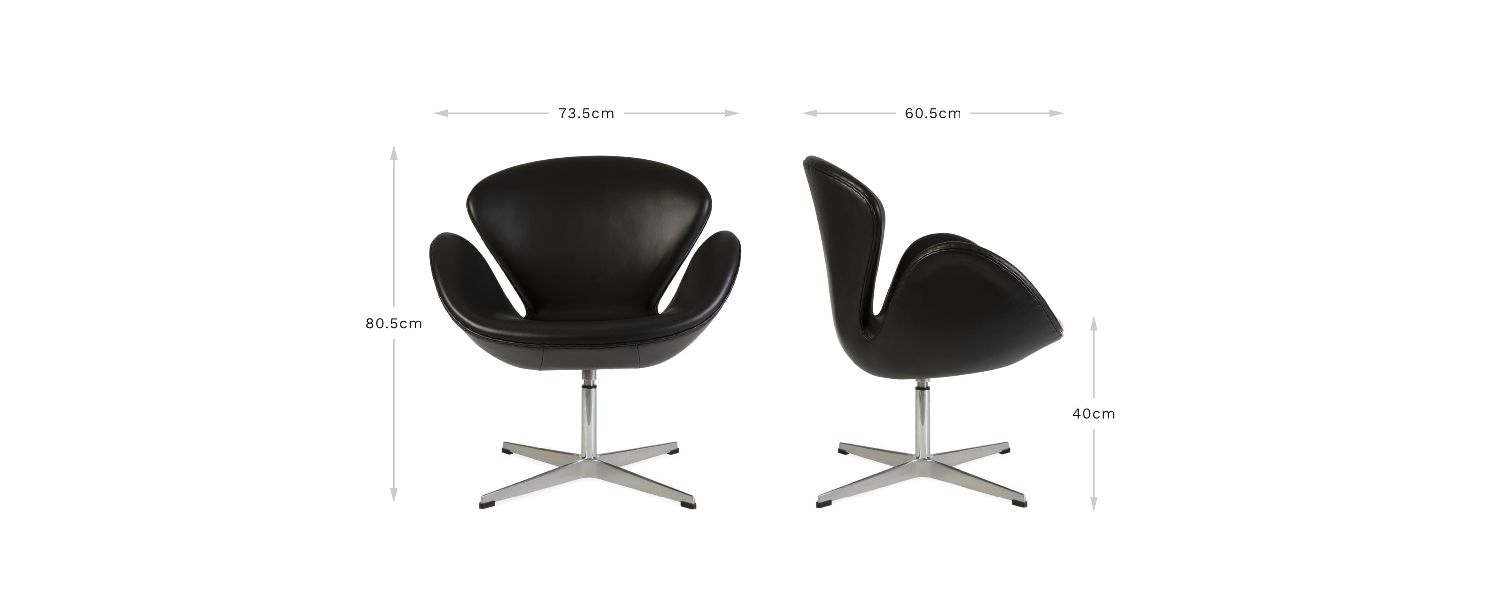 View of front and side of the black leather Jacobsen Swan chair on a white background displaying the dimensions