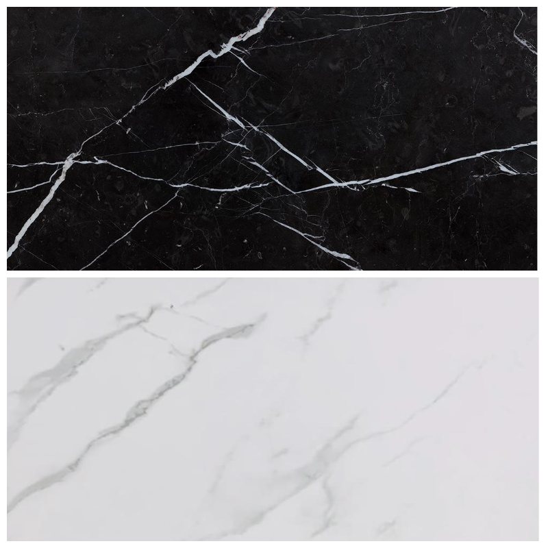 A representative photo image of both the Nero Marquina and Carrara natural marble stones that available on various design models within the site