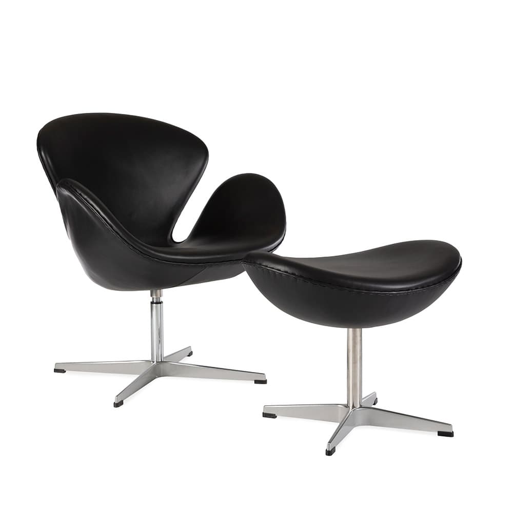 Angled front view of the black leather Jacobsen Swan Chair & Ottoman Set on a white background