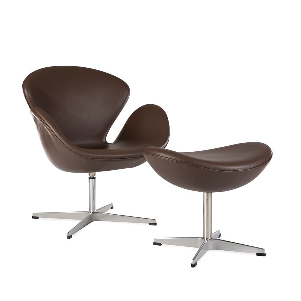 Angled front view of the brown leather Jacobsen Swan Chair & Ottoman Set on a white background