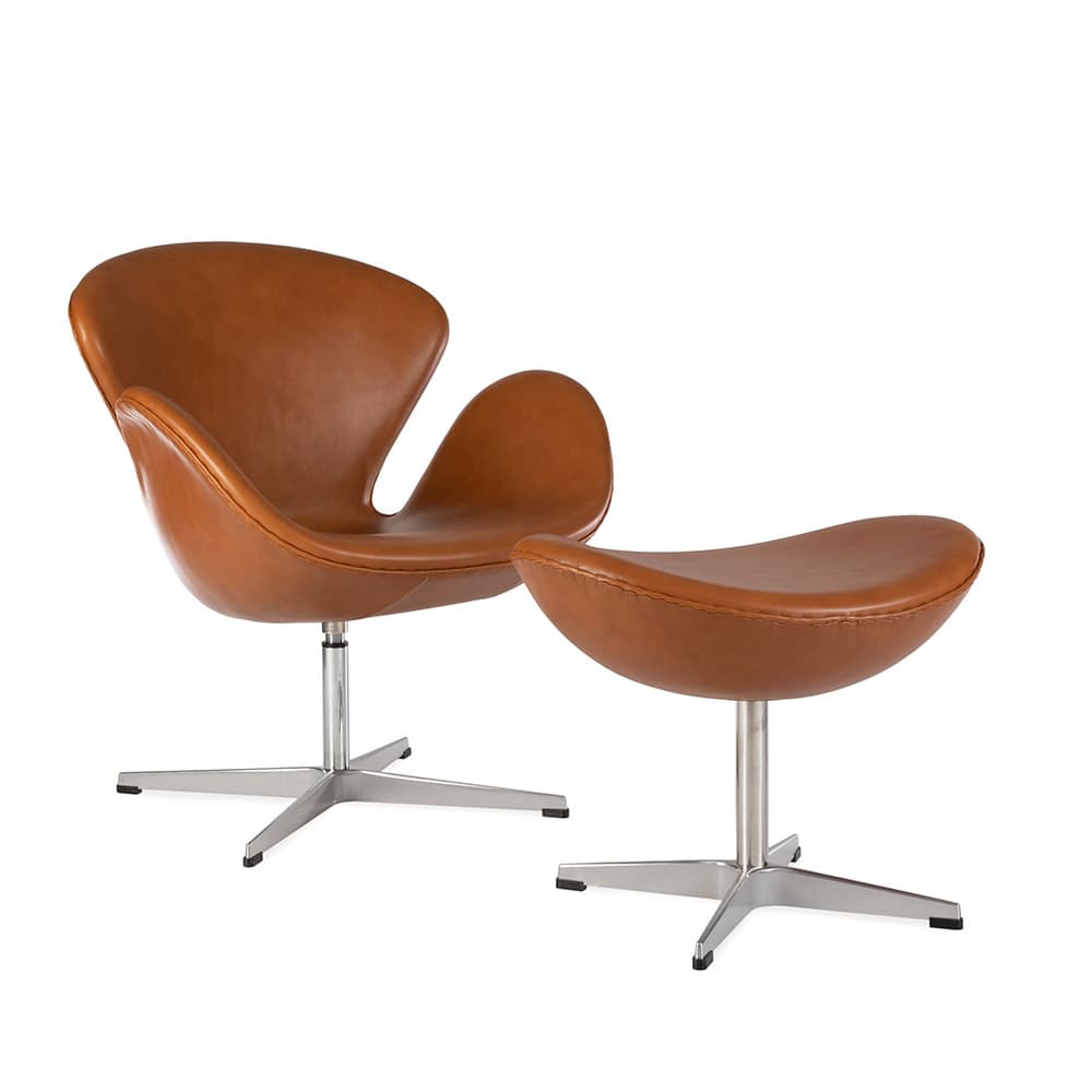 Angled front view of the tan leather Jacobsen Swan Chair & Ottoman Set on a white background