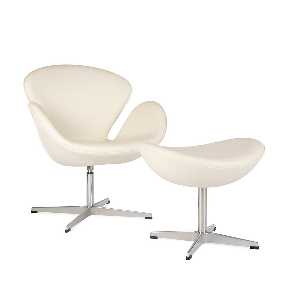 Angled front view of the white leather Jacobsen Swan Chair & Ottoman Set on a white background