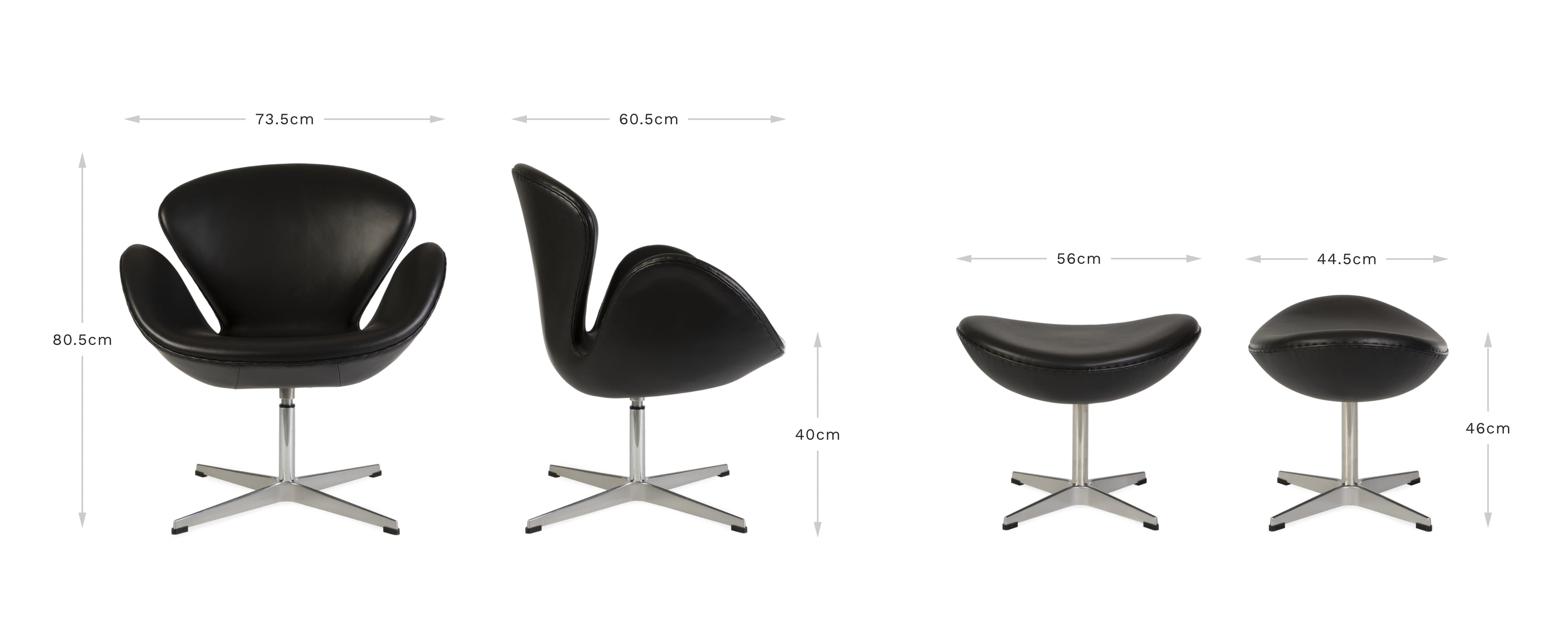 View of front and side of the black leather Jacobsen Swan chair and ottoman on a white background displaying the dimensions