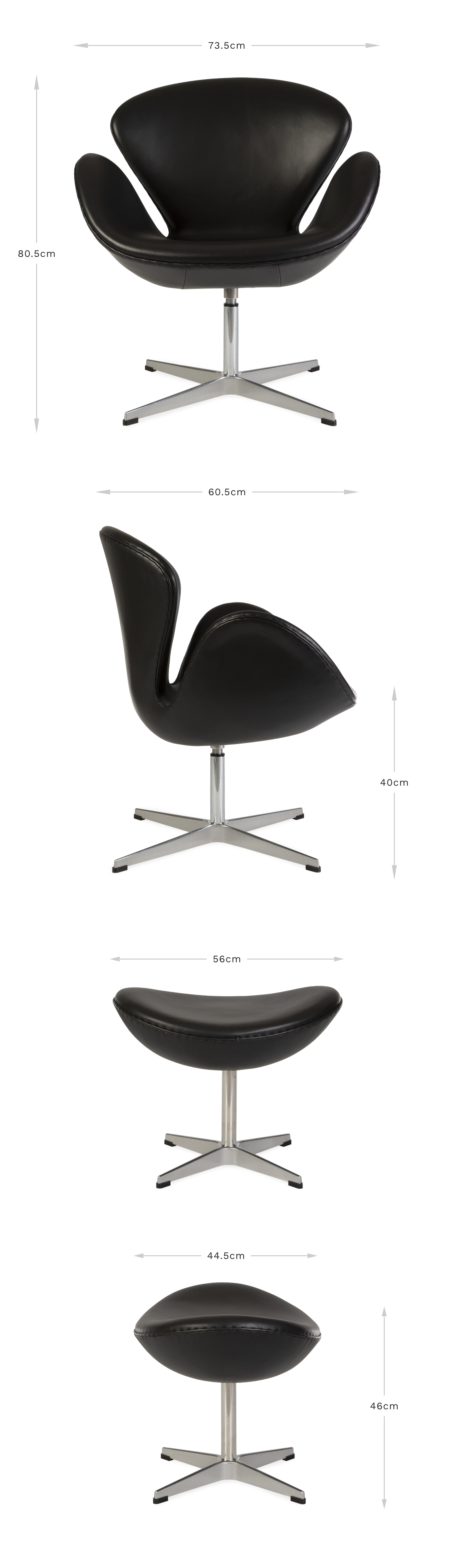 View of front and side of the black leather Jacobsen Swan chair and ottoman on a white background displaying the dimensions