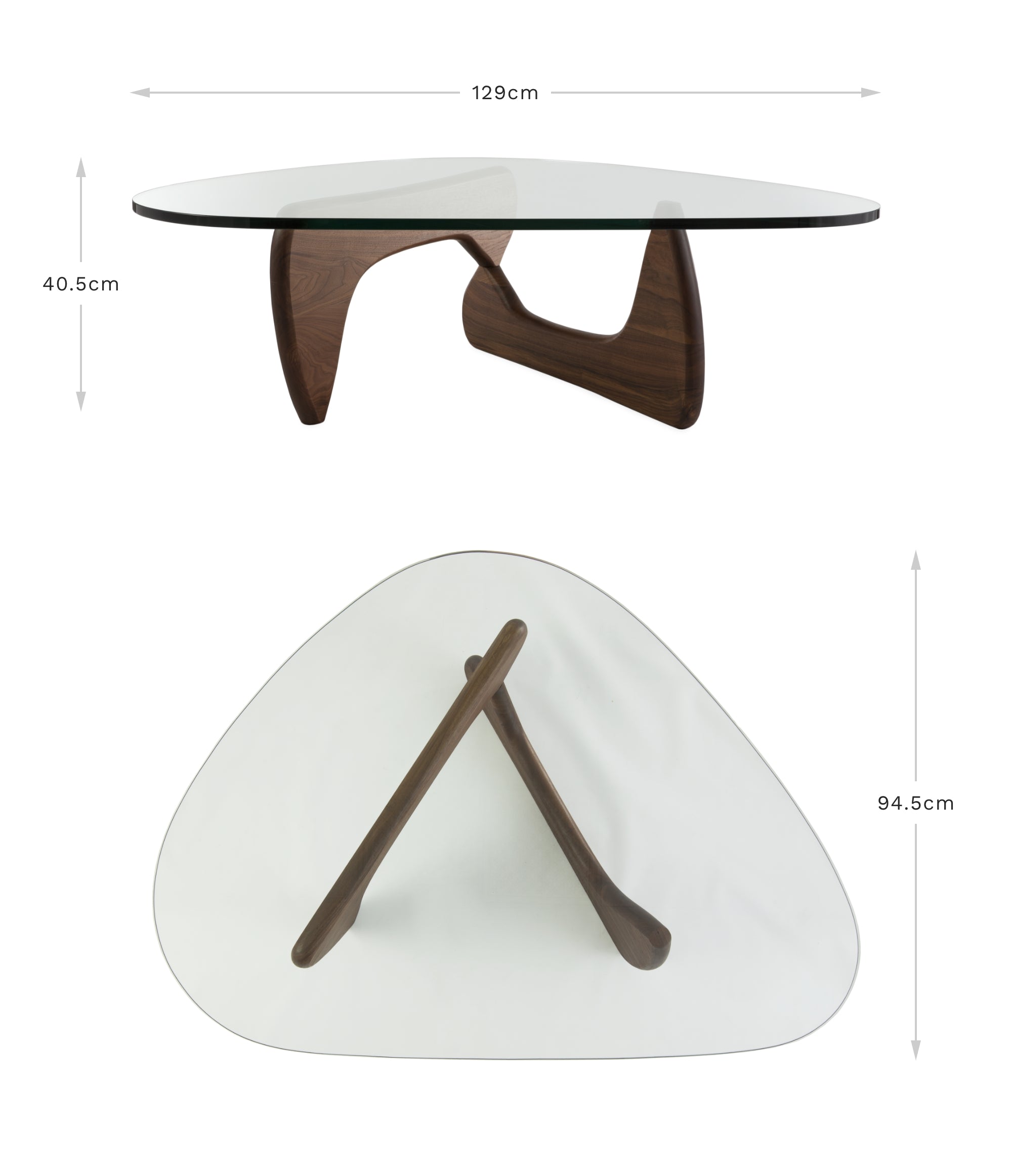 View of top and front of the walnut Noguchi coffee table on a white background displaying the dimensions